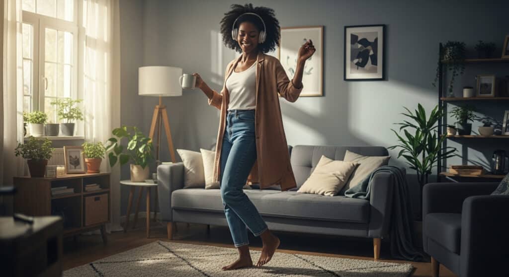 Smiling Black woman dancing barefoot in her living room with headphones on and a coffee mug in hand, enjoying a moment of self-acceptance and happiness after love’s glow settles.