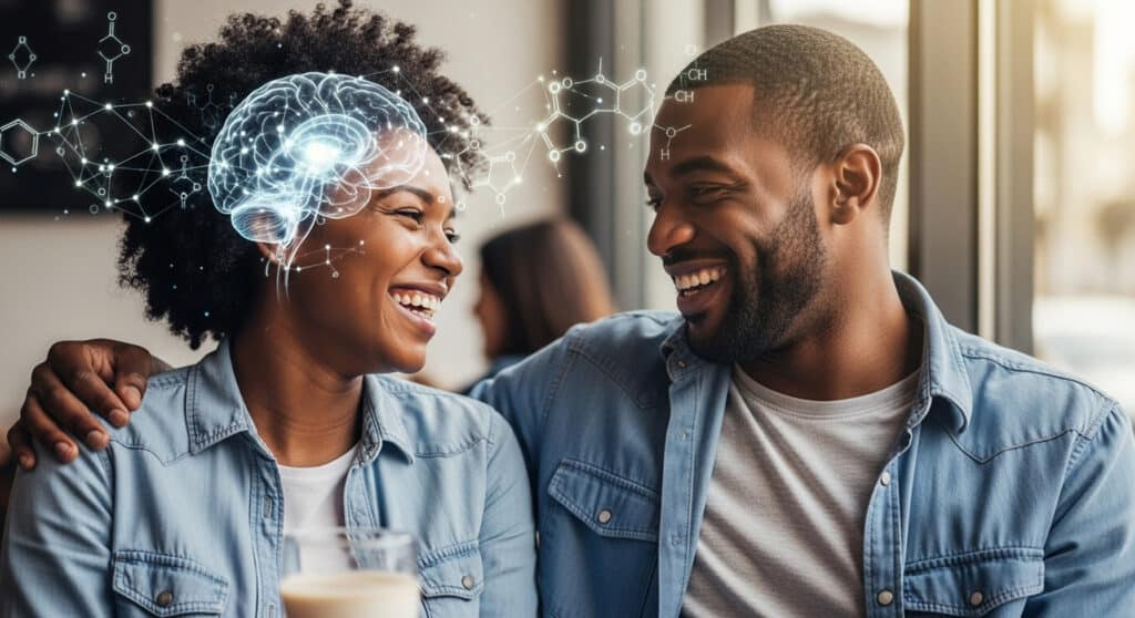 Smiling Black woman sitting with her boyfriend in a café, her love glow visualized through a subtle transparent brain-activity overlay that illustrates dopamine and oxytocin pathways sparking during affection.
