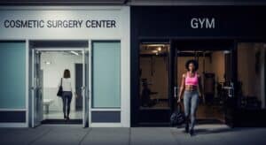 Two women make opposite choices — one entering a cosmetic surgery center, one leaving a gym — representing the duality of confidence, self-image, and modern beauty culture.
