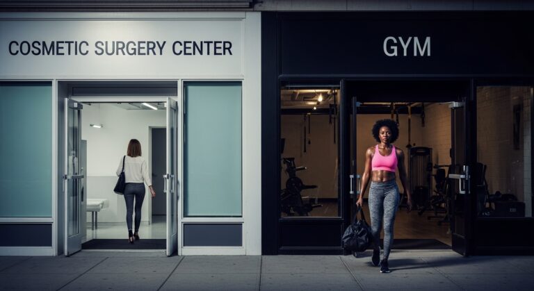 Two women make opposite choices — one entering a cosmetic surgery center, one leaving a gym — representing the duality of confidence, self-image, and modern beauty culture.