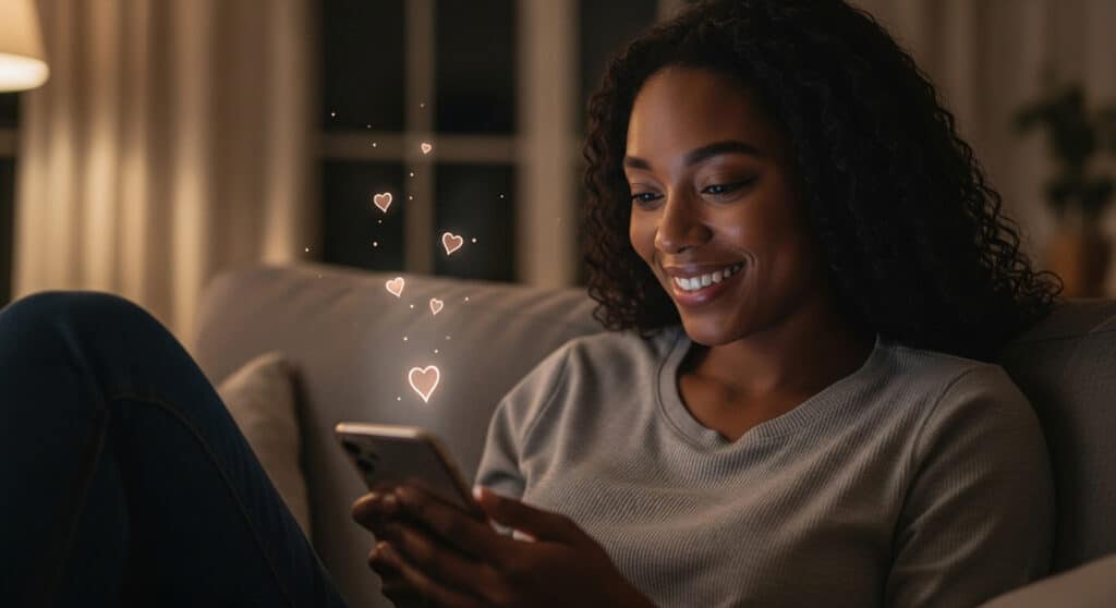 Smiling Black woman sitting on her sofa at night, illuminated by her phone’s glow as soft translucent hearts float upward from the screen, symbolizing the love glow and the endorphin rush of affection.
