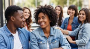 Smiling Black woman sitting with her boyfriend at an outdoor café, surrounded by diverse friends who laugh and admire her happiness, natural daylight, genuine candid moment.