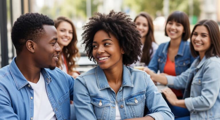 Smiling Black woman sitting with her boyfriend at an outdoor café, surrounded by diverse friends who laugh and admire her happiness, natural daylight, genuine candid moment.