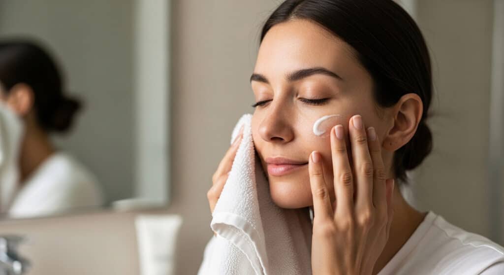 Cinematic editorial image of a woman with natural skin softly pressing a towel to her cheek in a calm, minimalist bathroom scene — conveying peace and gentle self-care.