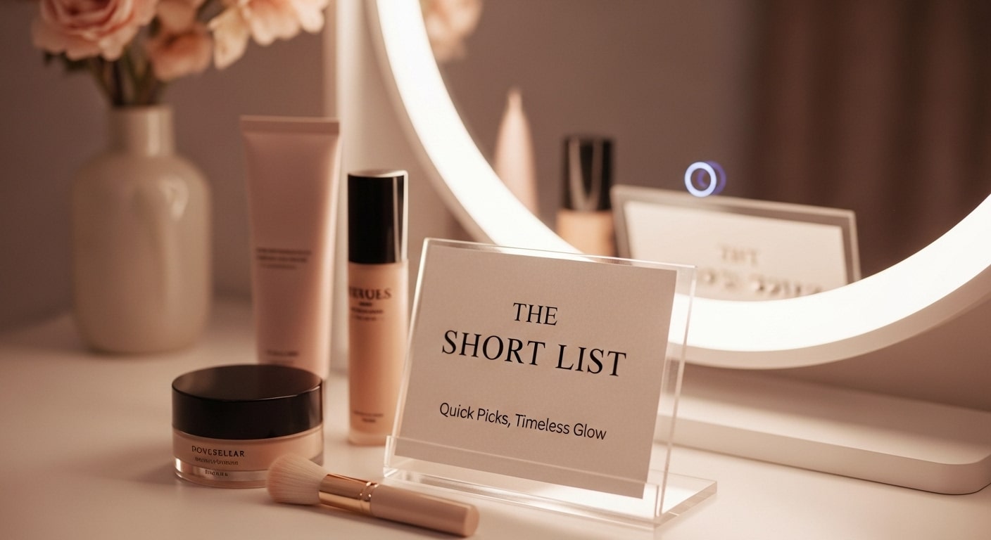 Elegant vanity reflection with “The Short List” card beside beauty products.