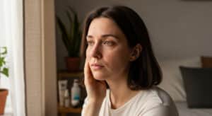 Woman with natural skin sits by a window in soft morning light, gently touching her cheek with a tired, reflective expression—showing the connection between stress and skin.