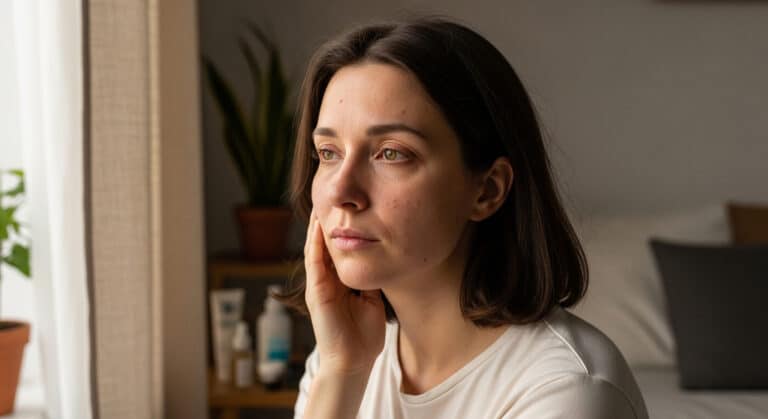 Woman with natural skin sits by a window in soft morning light, gently touching her cheek with a tired, reflective expression—showing the connection between stress and skin.