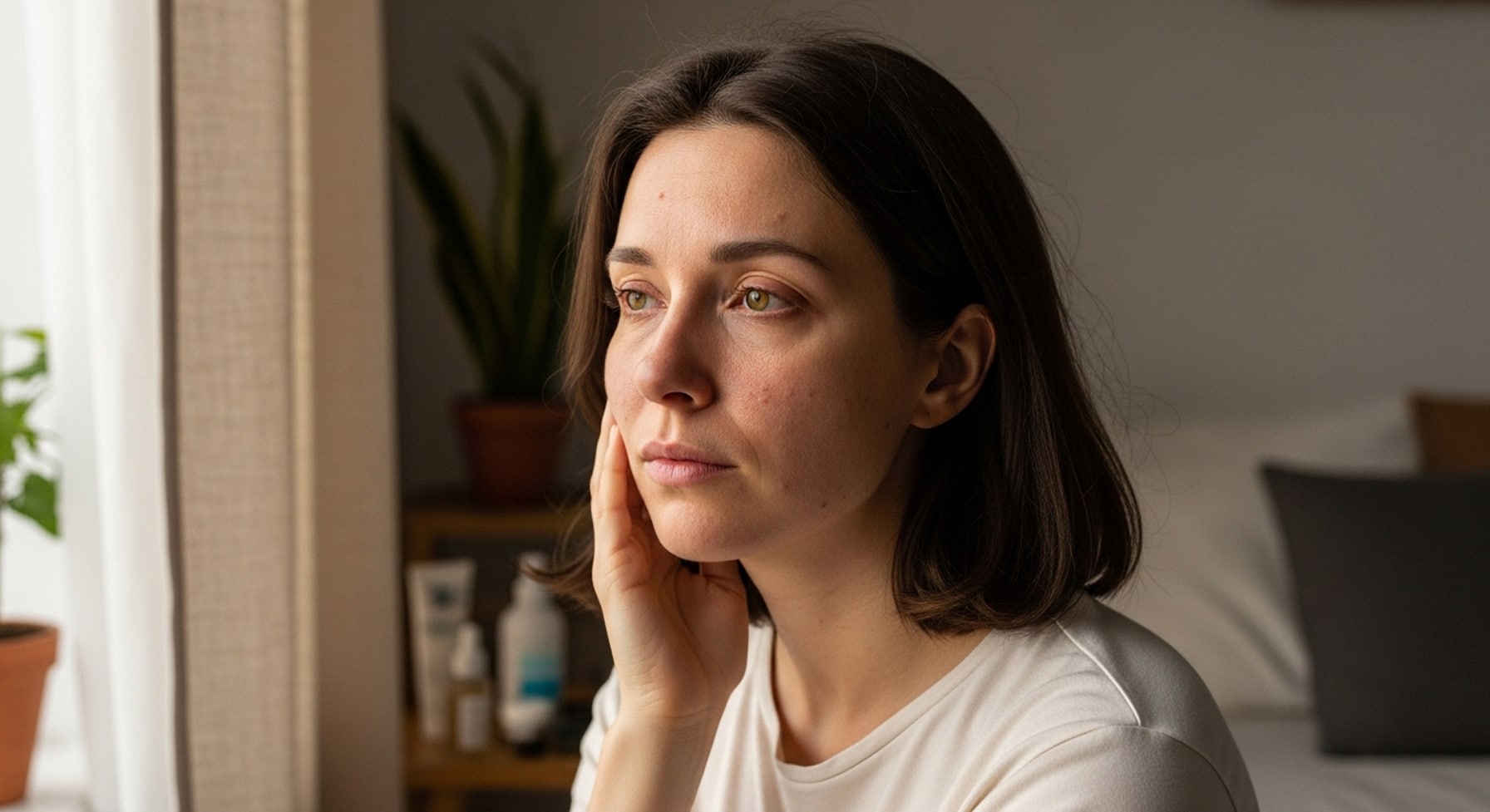 Woman with natural skin sits by a window in soft morning light, gently touching her cheek with a tired, reflective expression—showing the connection between stress and skin.