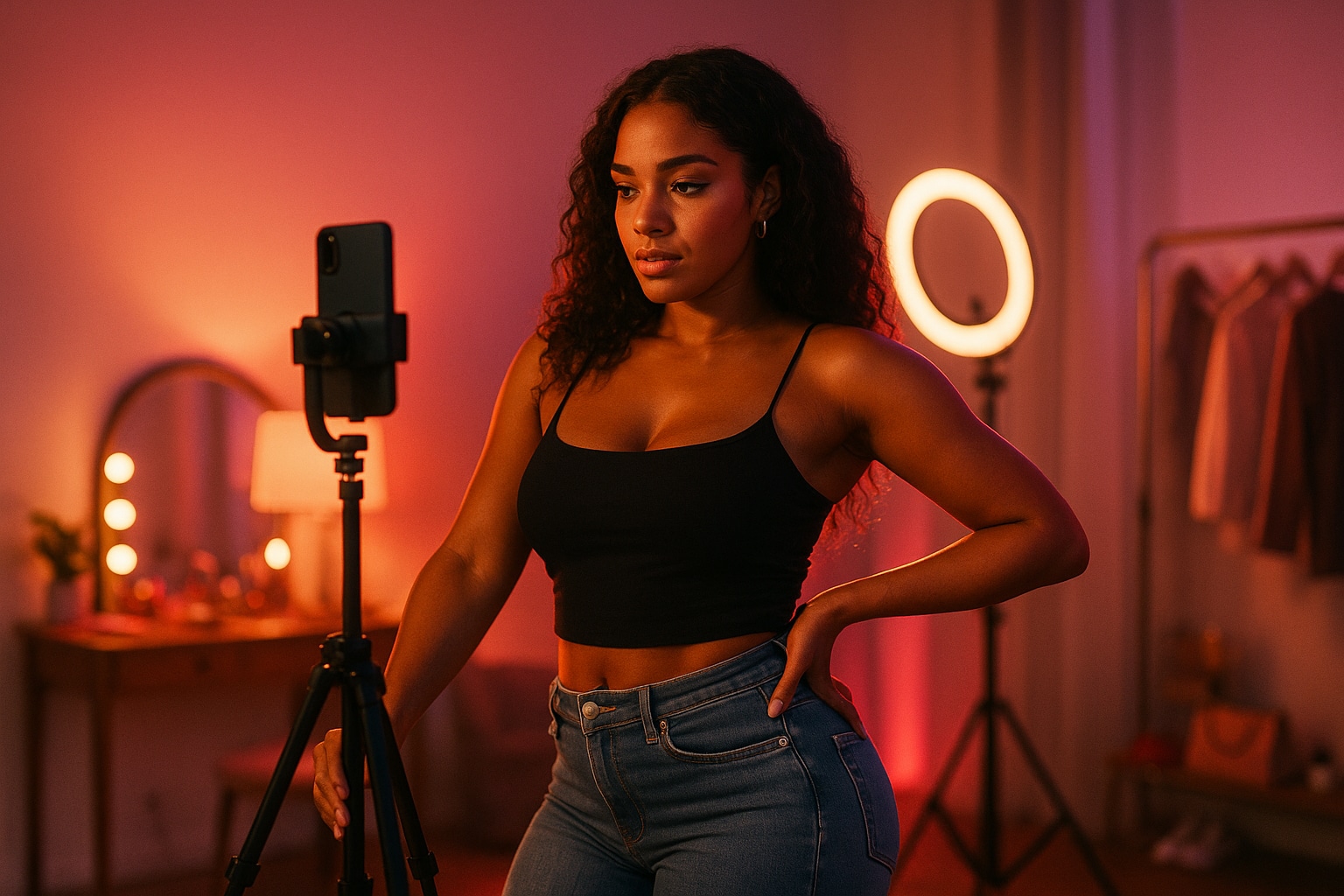 Woman confidently filming herself in a studio, illustrating the confidence curve and how modern self-confidence is expressed beyond physical appearance.