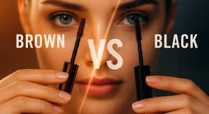 Close-up of a woman holding brown and black mascara wands side by side, comparing shades and effects.