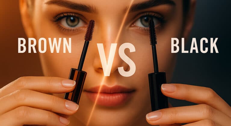 Close-up of a woman holding brown and black mascara wands side by side, comparing shades and effects.