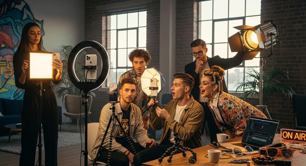 creators fine-tuning their setup in a modern studio, capturing the mix of confidence and curation that defines today’s beauty algorithm