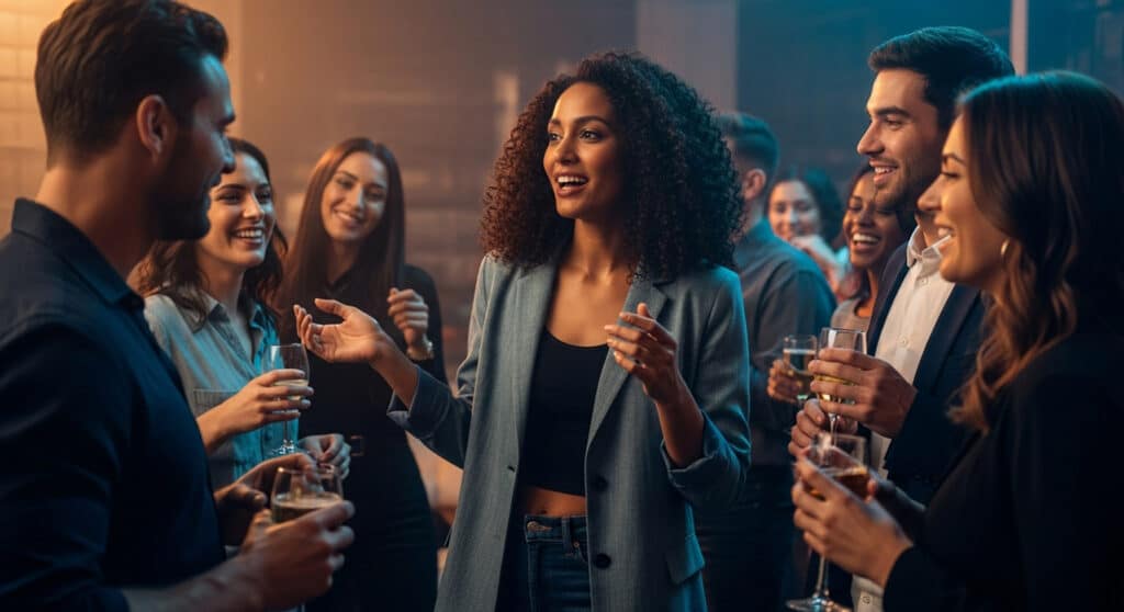 Confident woman radiating confidence glow while engaging with friends in a lively lounge