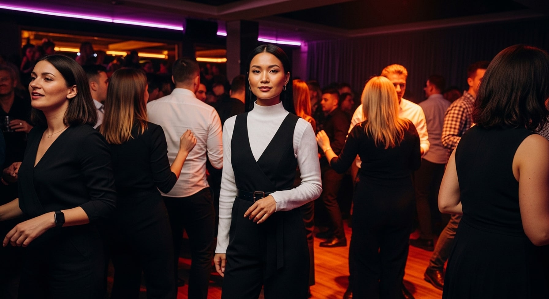 Confident woman standing out in a lively nightclub scene, embodying the power of confidence glow and self-assurance over appearance.