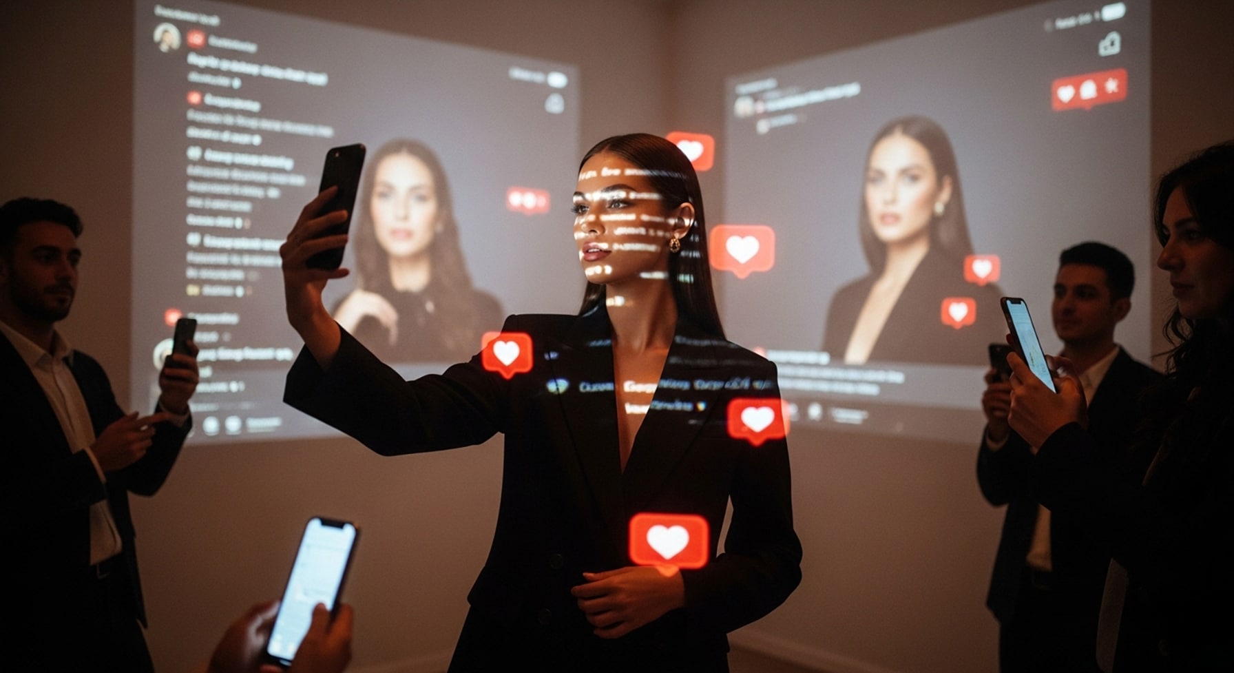 Woman surrounded by projected social media feeds taking a confident selfie, symbolizing how the beauty algorithm amplifies viral influence