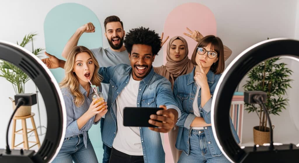 Creators playfully posing under ring lights — a fun, ironic take on the beauty algorithm and influencer culture.