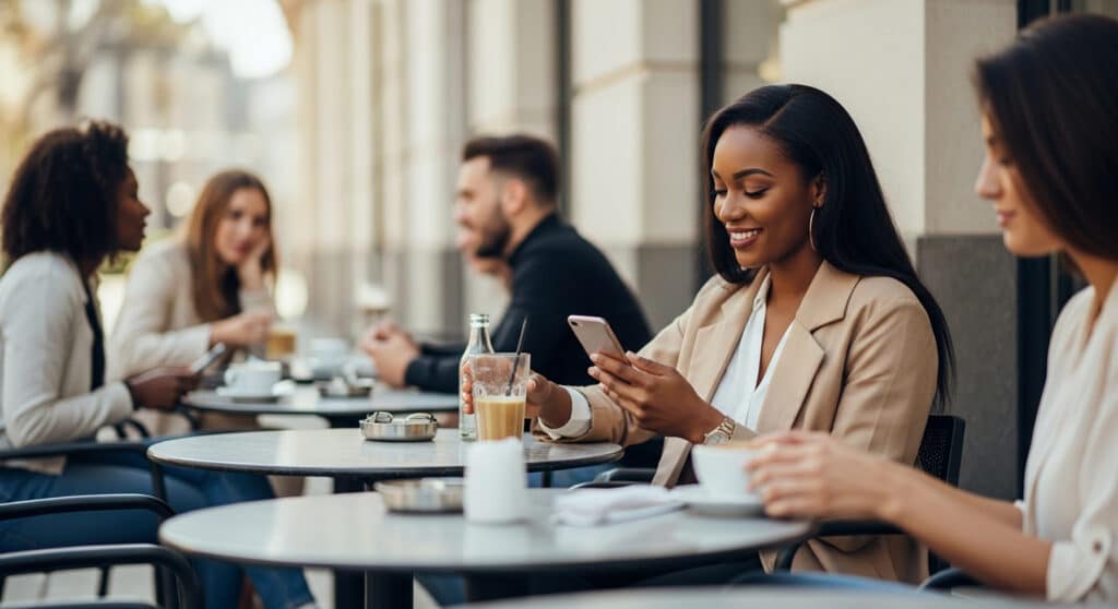 A confident, beautiful Black woman enjoying coffee at an outdoor café, representing pretty privilege and the quiet social advantages that come with beauty and confidence.
