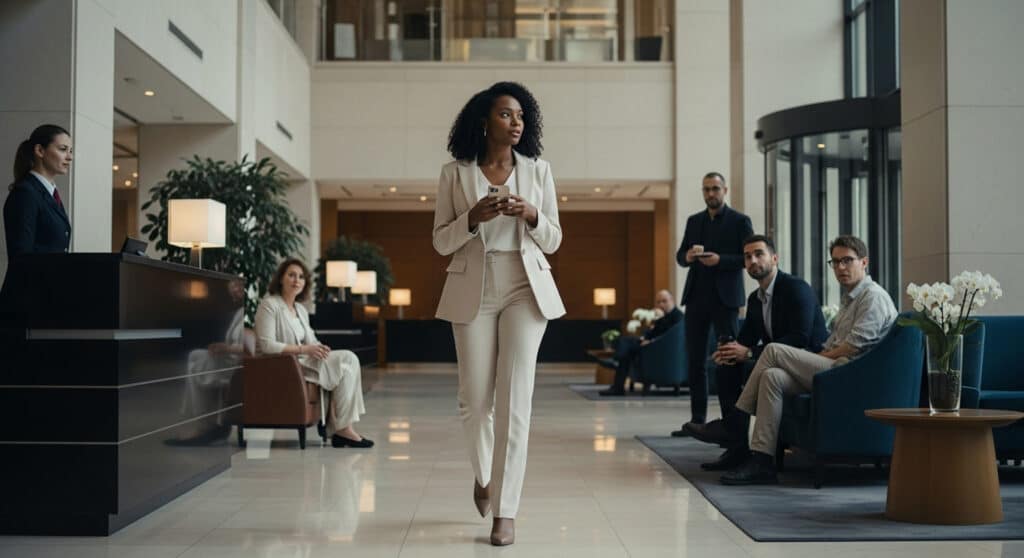 A confident, beautiful Black woman in a cream suit walks through a modern hotel lobby while people around her watch with admiration.