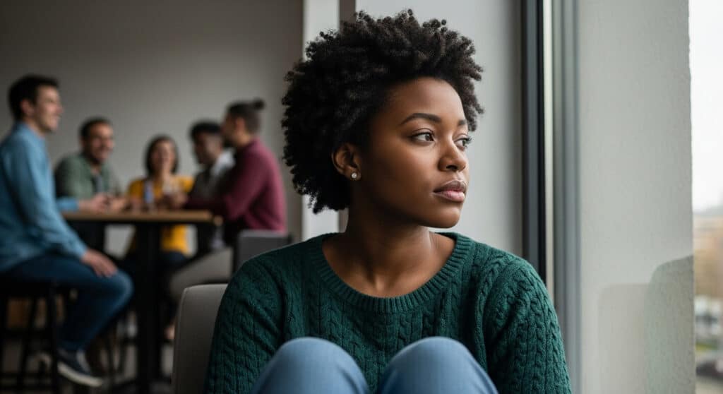 Alt Text: A thoughtful Black woman sits quietly by a window, reflecting on the pressure and isolation that sometimes accompany pretty privilege.