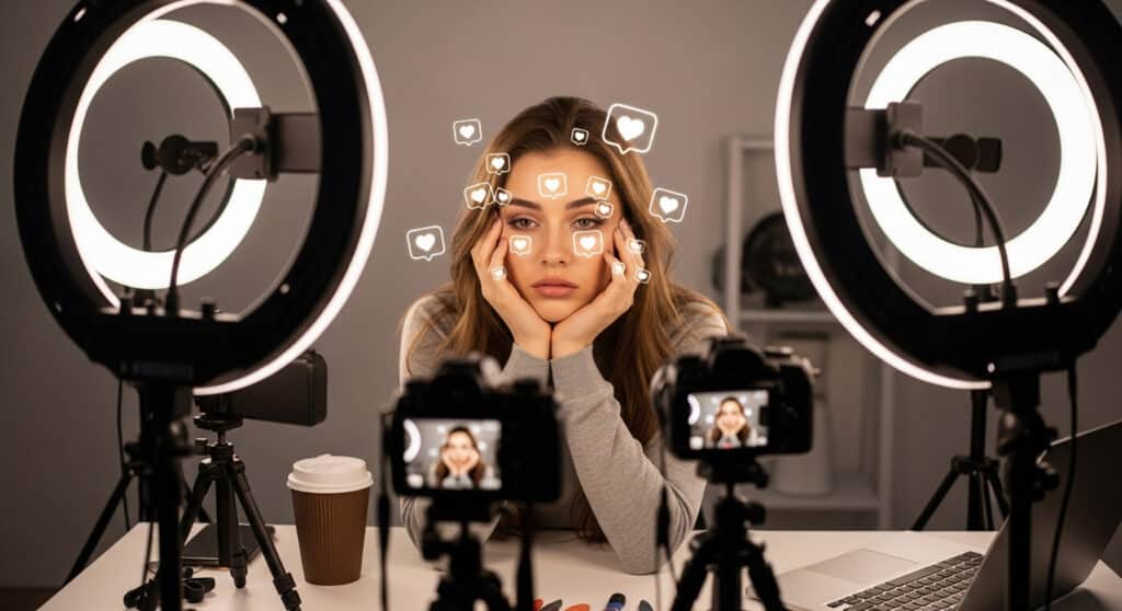 exhausted influencer surrounded by ring lights and cameras — concept of when beauty backfires in social media culture