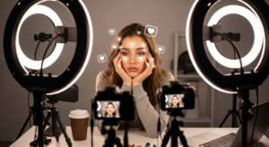 exhausted influencer surrounded by ring lights and cameras — concept of when beauty backfires in social media culture