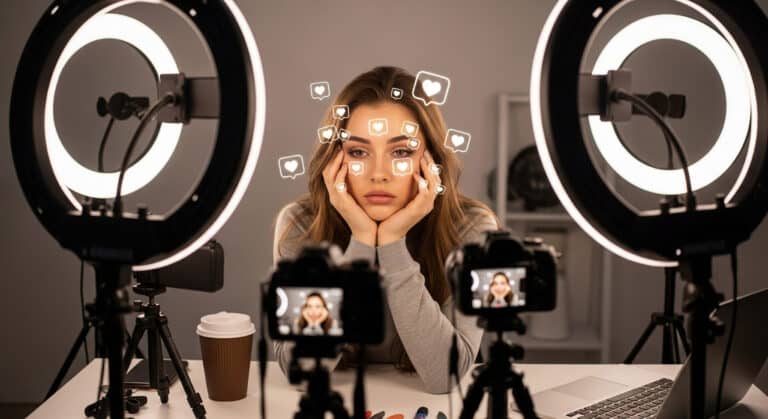 exhausted influencer surrounded by ring lights and cameras — concept of when beauty backfires in social media culture