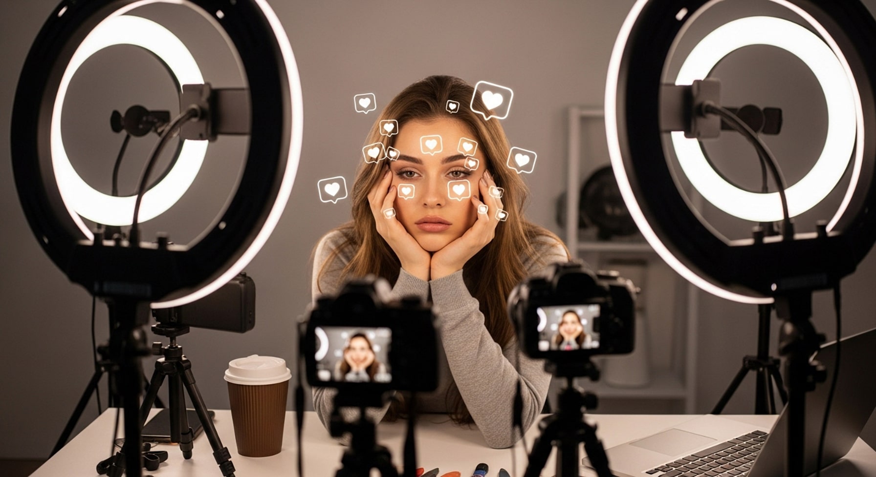 exhausted influencer surrounded by ring lights and cameras — concept of when beauty backfires in social media culture
