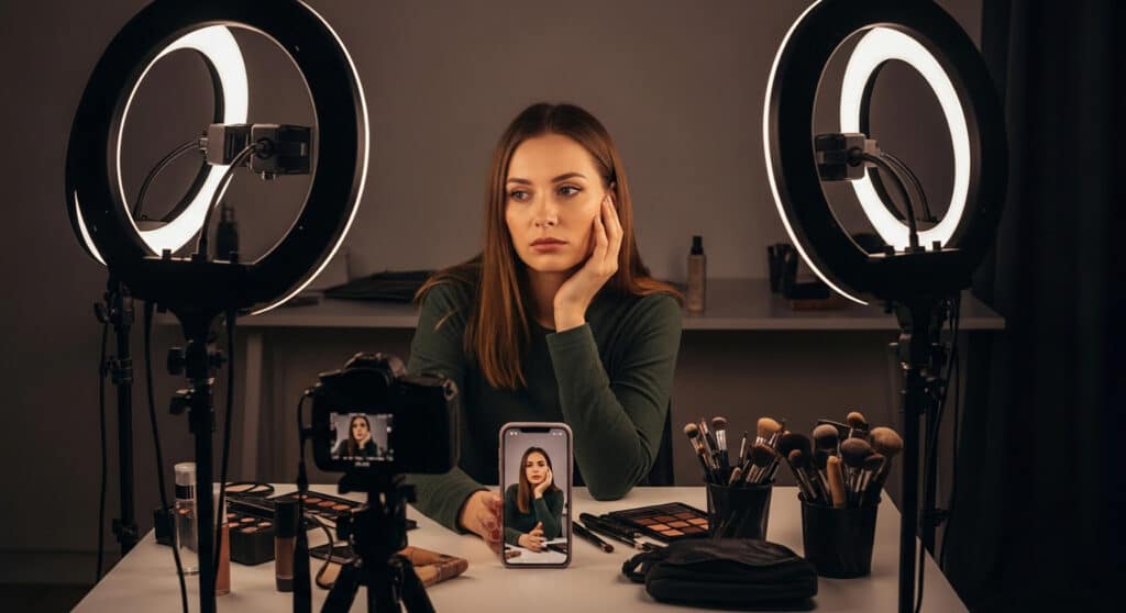 beauty creator pausing mid-recording under ring light — a quiet moment showing when beauty backfires and performance turns into pressure
