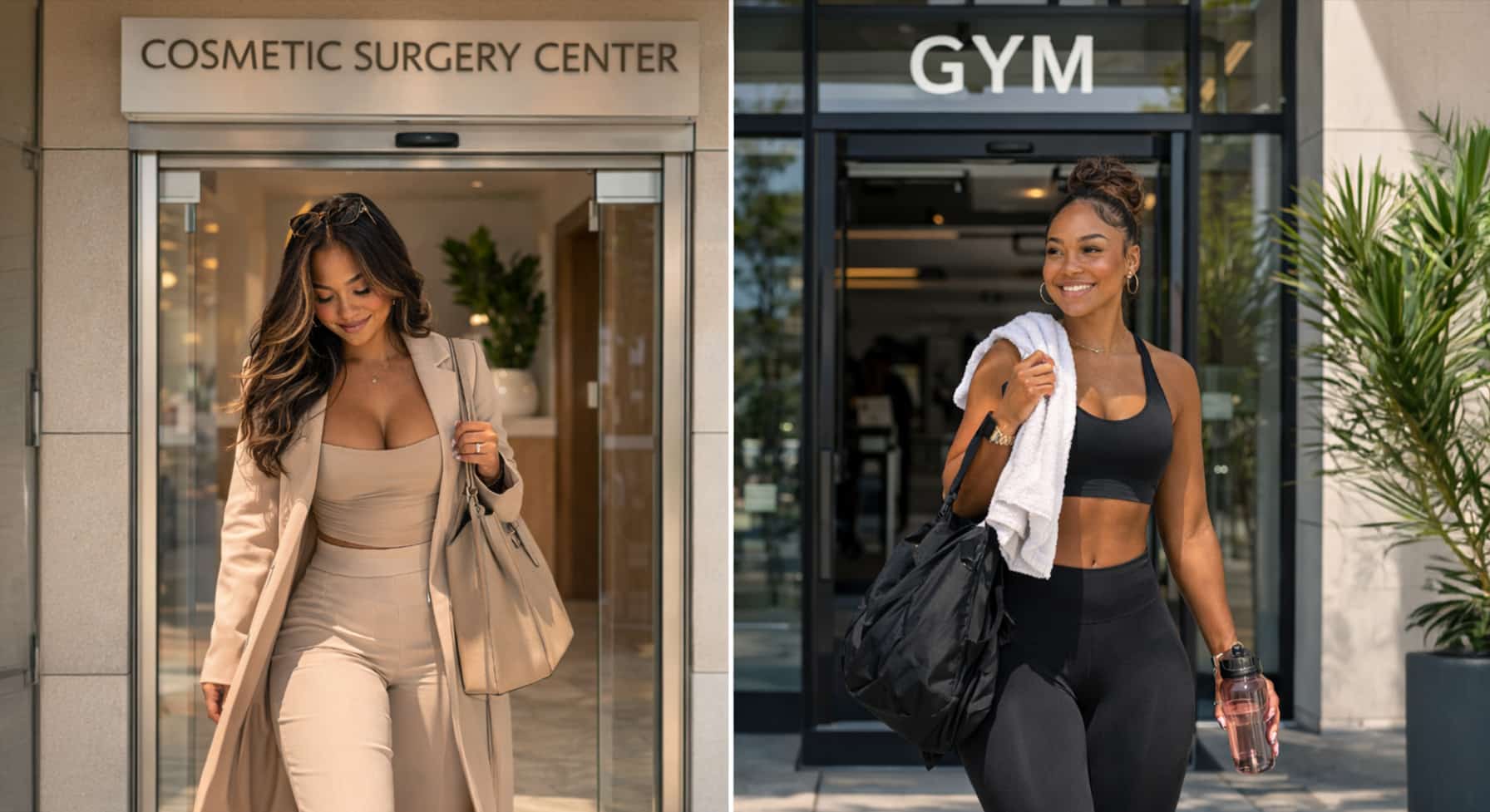 Two smartphones side by side — left phone showing a woman's curvy silhouette mirror selfie, right phone showing social media engagement metrics and heart notifications climbing, illustrating how BBL energy drives algorithm engagement.