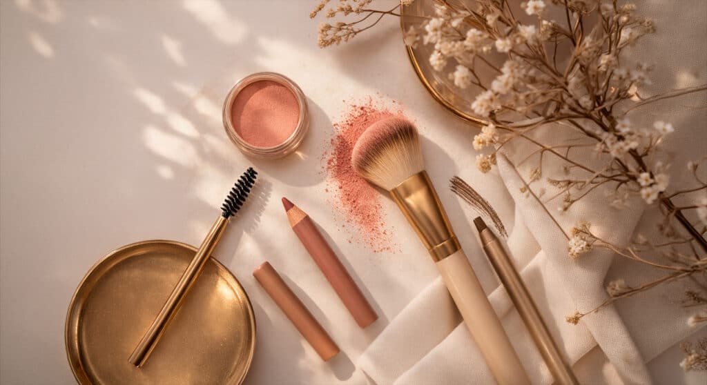 Approachable makeup tools — spoolie, blush brush, nude lip pencil and soft brow pencil on a warm cream surface
