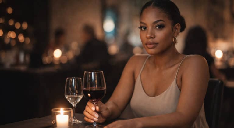 Black woman seated at a restaurant table, composed and confident, natural precise makeup, first date beauty done right.