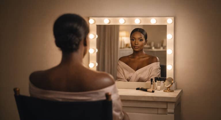 Woman seen from behind sitting at a Hollywood vanity mirror, her reflection showing a composed, camera-ready face with glowing skin and defined brows