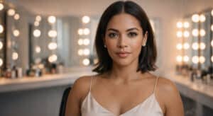 Latina woman seated in a backstage dressing room with vanity mirror bulb lighting, composed expression, celebrity beauty lessons editorial.