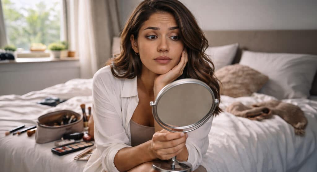 Mixed race woman lying on her bed holding a small mirror, expression skeptical and mid-debate, makeup spread around her, beauty lies mirror editorial.