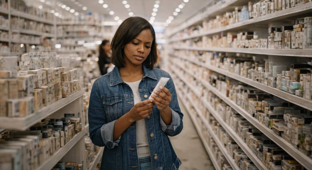 Woman reading product label in beauty store aisle — questioning beauty myths about expensive skincare