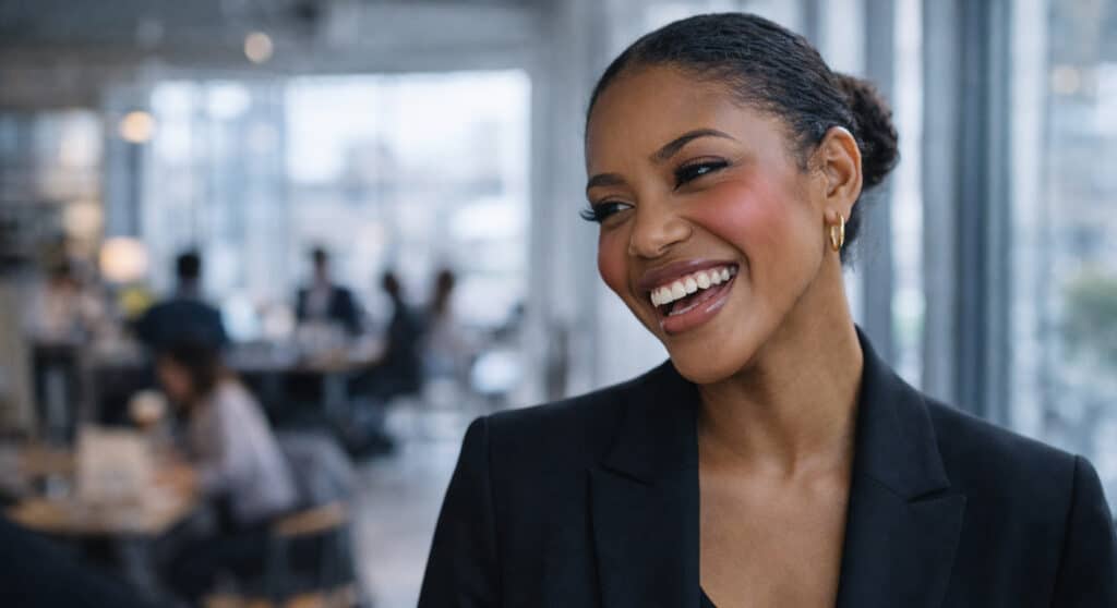 Black woman in her mid-40s laughing mid-conversation in a bright office space, blush catching natural window light, blush mistakes age you editorial.