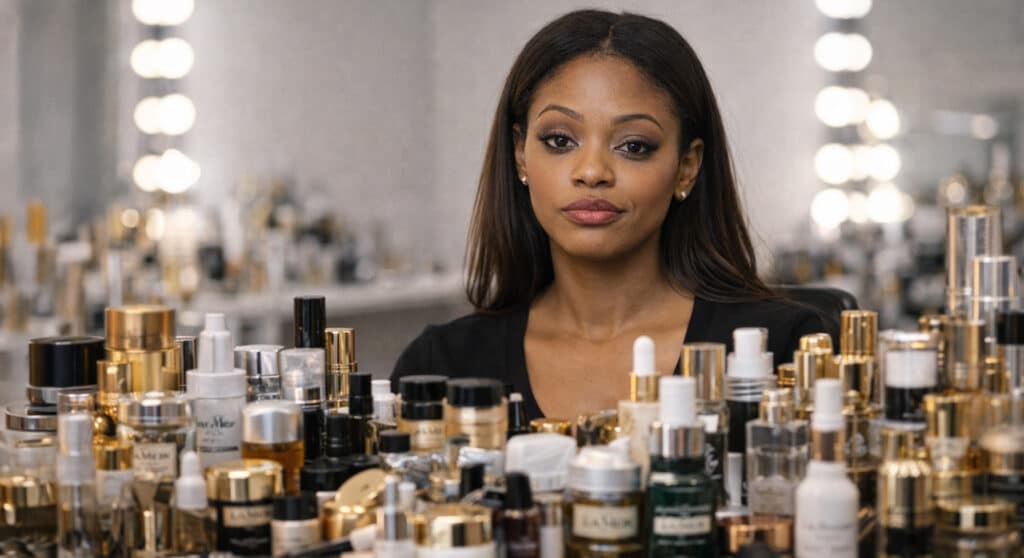 Black woman sitting at a vanity surrounded by excessive luxury beauty products, expression skeptical — the celebrity beauty habits your skin can't afford to copy.