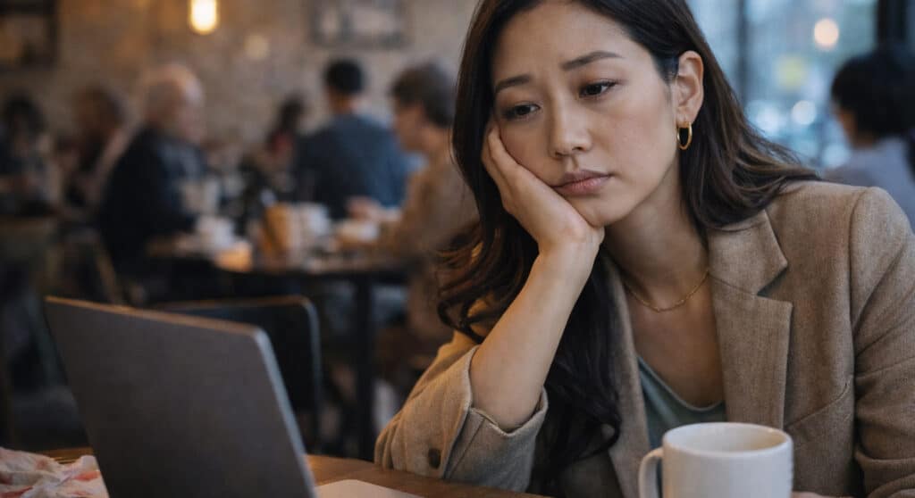 Korean woman in her early 30s at a café table, chin resting in hand, tired expression, laptop and coffee beside her, concealer mistakes editorial.