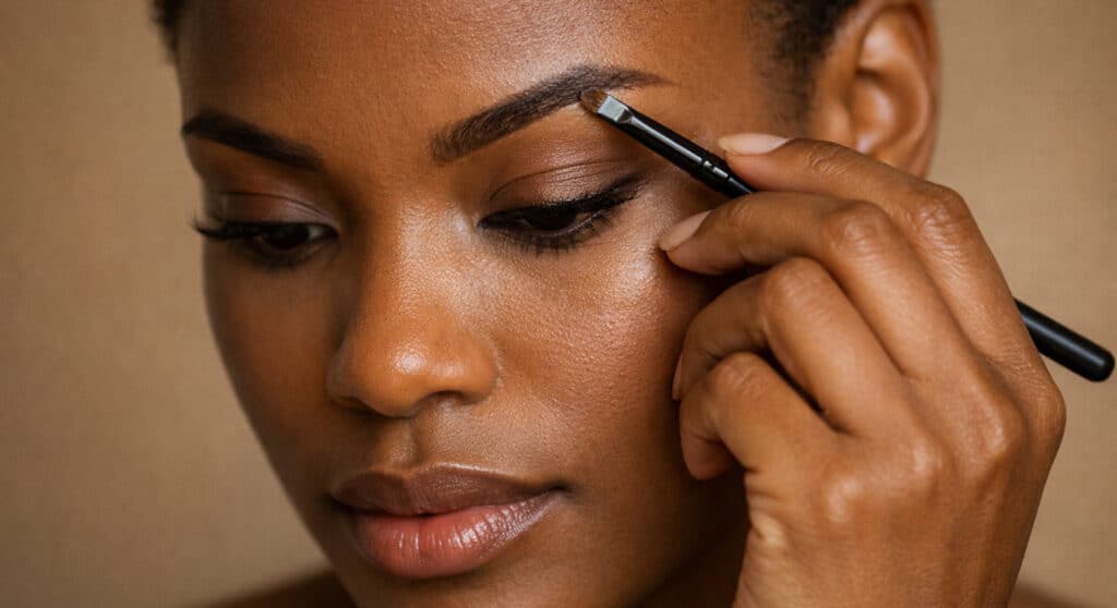 Black woman precisely applying brow product with an angled brush, close-up beauty editorial shot with soft warm natural lighting.
