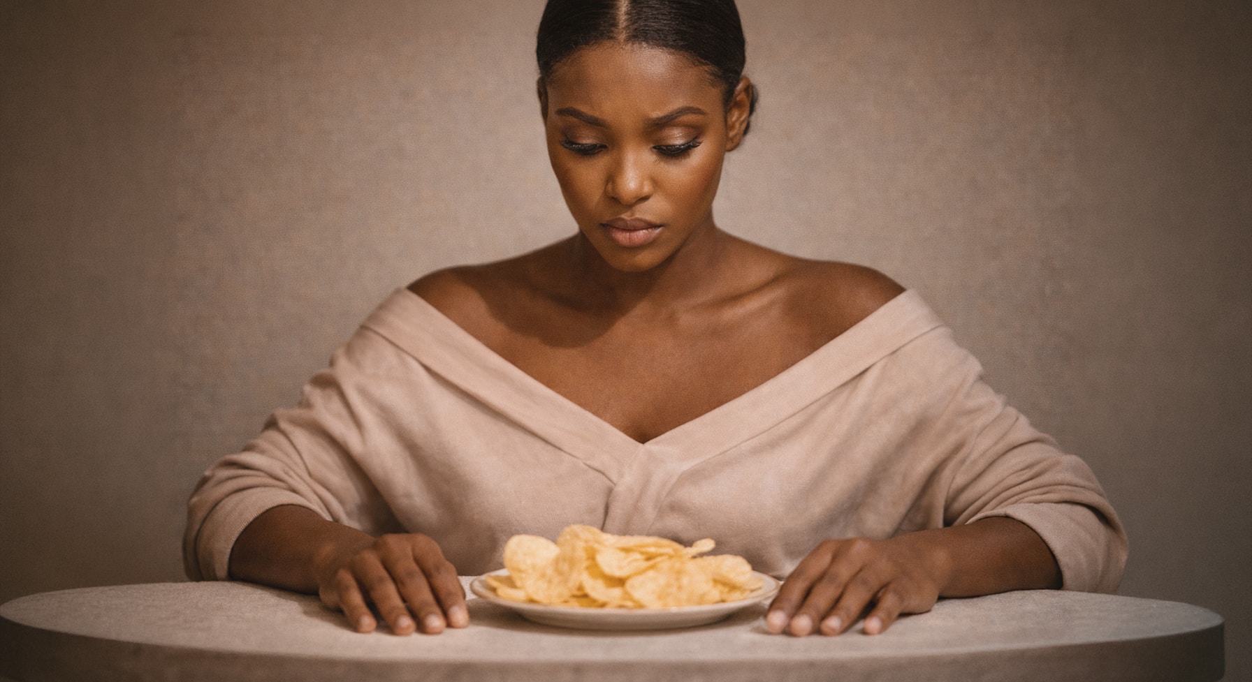 Glam-ready Black woman sitting at a table staring down a plate of chips with an expression of complete internal conflict