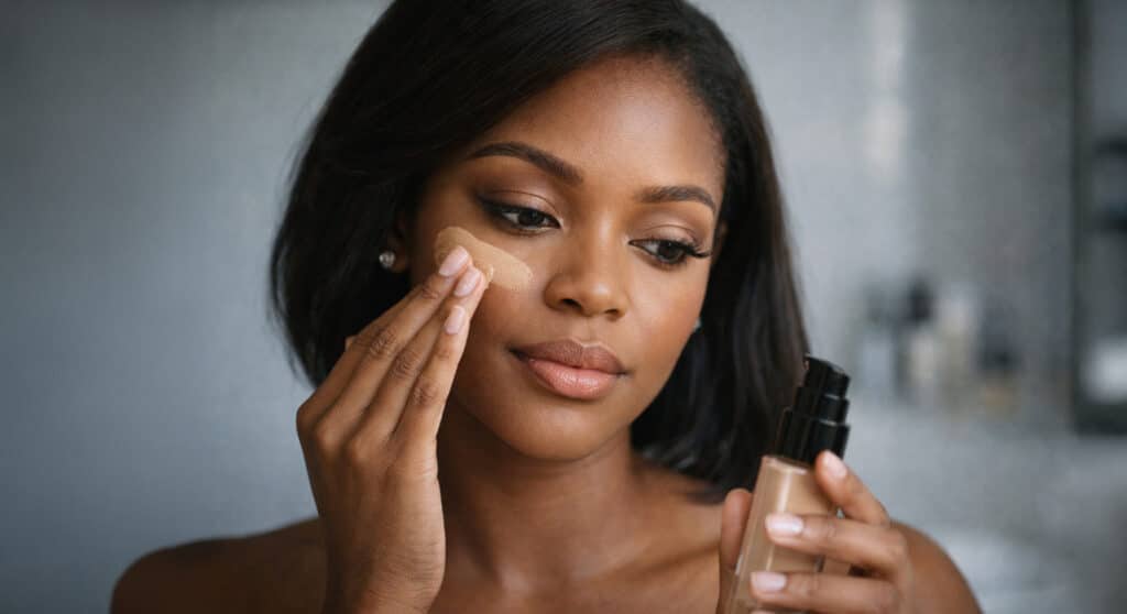 Black woman applying foundation at a clean bathroom vanity in morning light, focused mid-application close-up, foundation habits editorial.