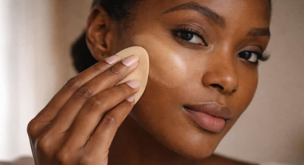 Black woman applying foundation with a damp beauty sponge in natural window light, mid-application close-up