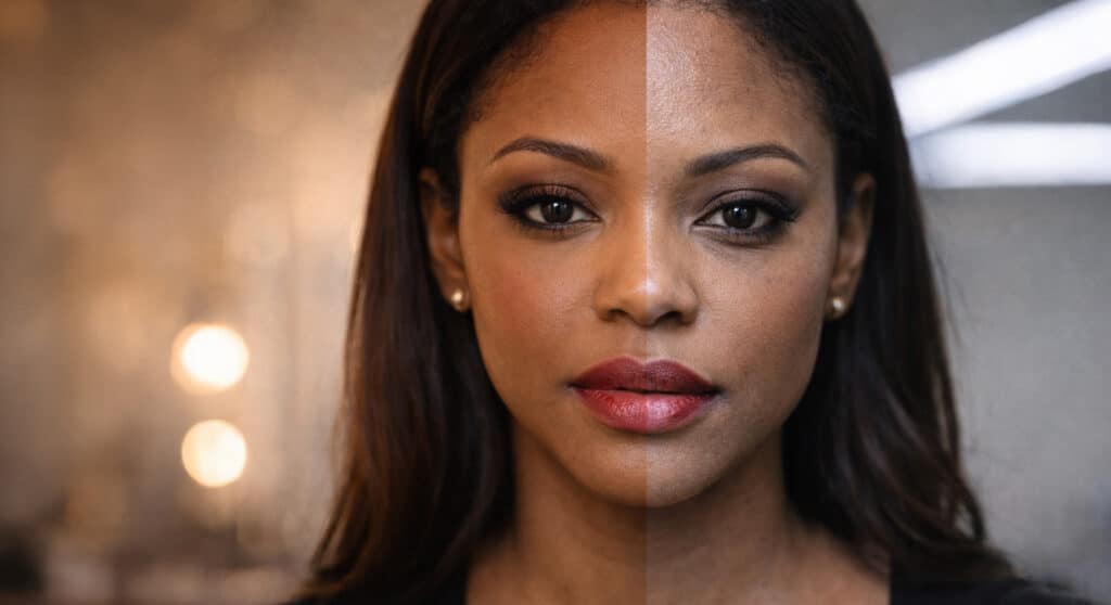 Woman's face lit by harsh directional light, one side illuminated and one in shadow, cool editorial tone.