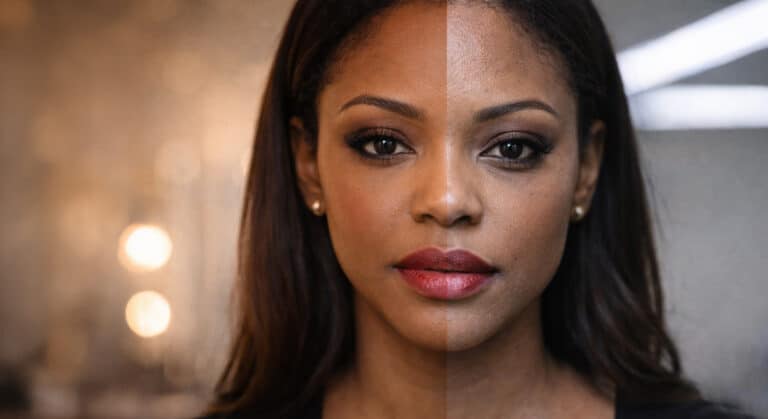 Woman's face lit by harsh directional light, one side illuminated and one in shadow, cool editorial tone.