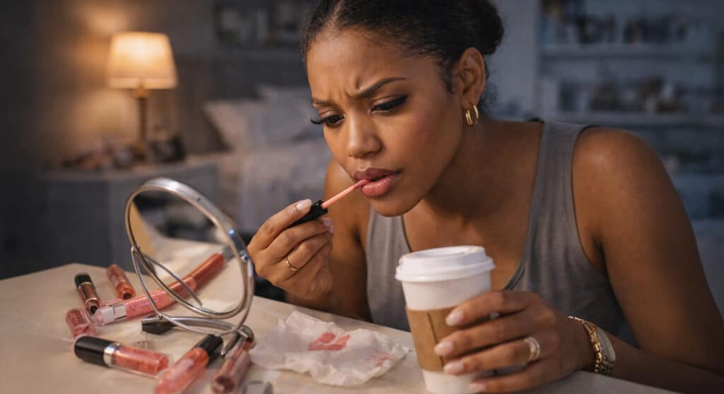 Black woman at a makeup desk applying lip gloss with a frustrated expression, small mirror, scattered lip gloss tubes on the desk, lip gloss nightmares editorial.