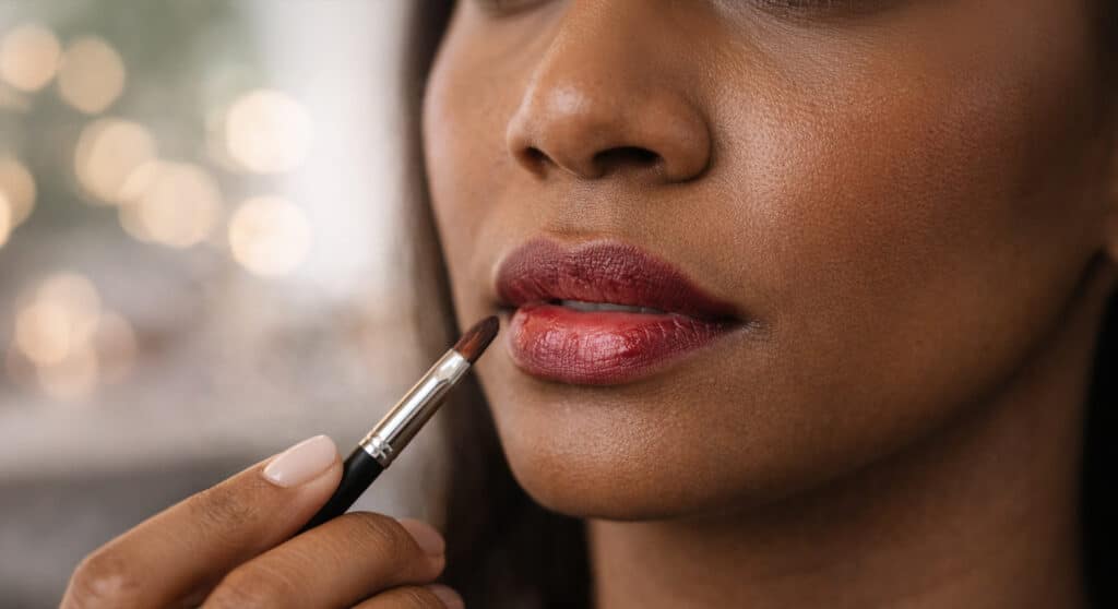 Close-up of a Black woman applying deep berry lipstick with a lip brush, precise application detail.