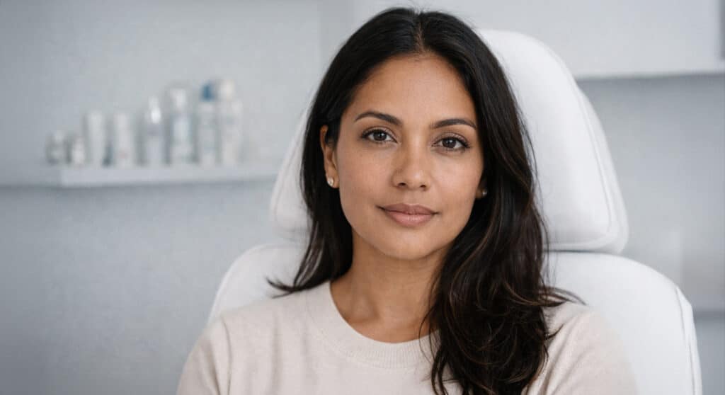 South Asian woman in her early 40s seated in a modern skincare clinic, calm composed expression, dermatologist makeup habits editorial.