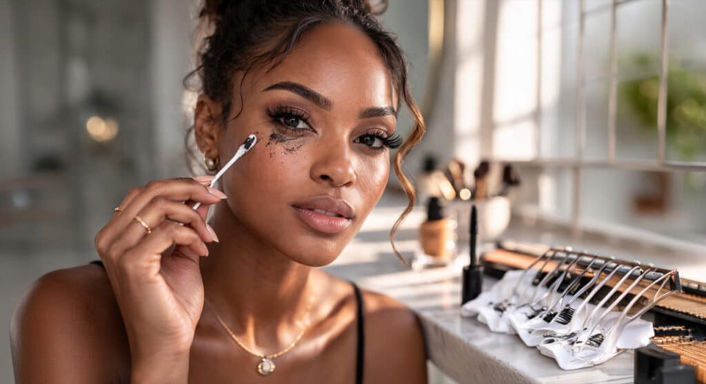Close-up beauty portrait of a woman with mascara smudging and flakes under one eye while holding a cotton swab near her cheek.