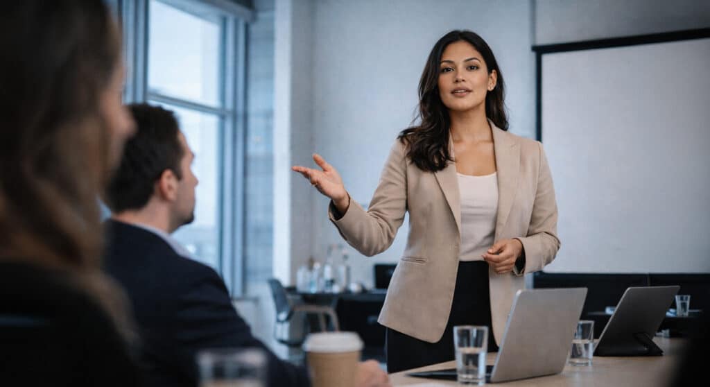 South Asian woman presenting at a conference room meeting, gesturing confidently, professional makeup and sharp blazer, office makeup mistakes editorial.