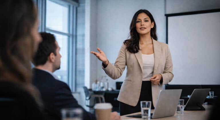 South Asian woman presenting at a conference room meeting, gesturing confidently, professional makeup and sharp blazer, office makeup mistakes editorial.